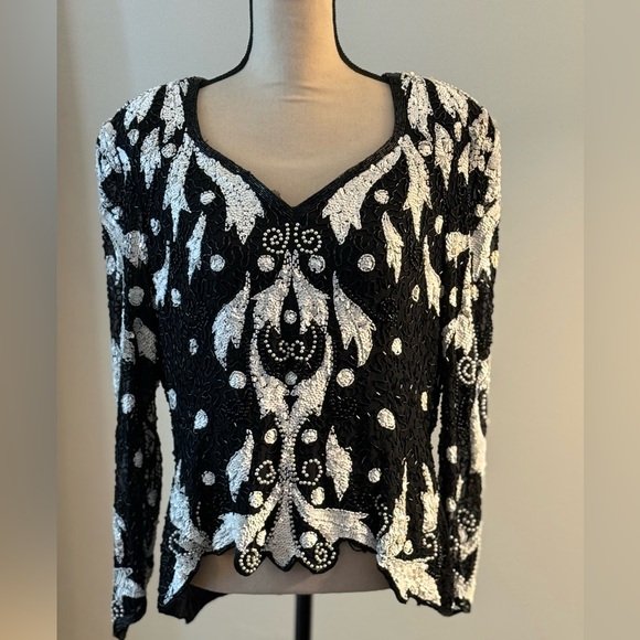 Nite Sweaters - Elegant Black and White Beaded & Sequined Women's top